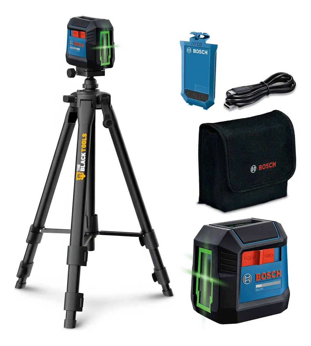 Kit Nivel A Laser Verde Cruzado 2 Linhas Recarregavel Bosch Tripe Suporte Profissional Rosca 120m The Black Tools 000